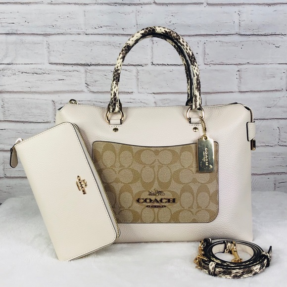 COACH Snake Signature Leather Emma Satchel Crossbody Bag Purse KHAKI CHALK